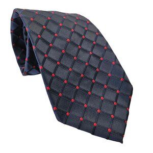 70s Wemlon by Wembley Tie Danbury Grid Red on Navy Washable Poly Mens 4"W x 28L